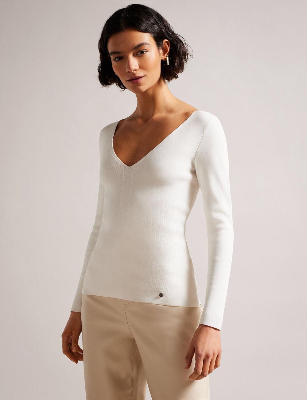 Ivory Ted Baker CILESTE - Fitted V-Neck Long Sleeve Knit Top Women Jumpers | SG  3754-BQYHP