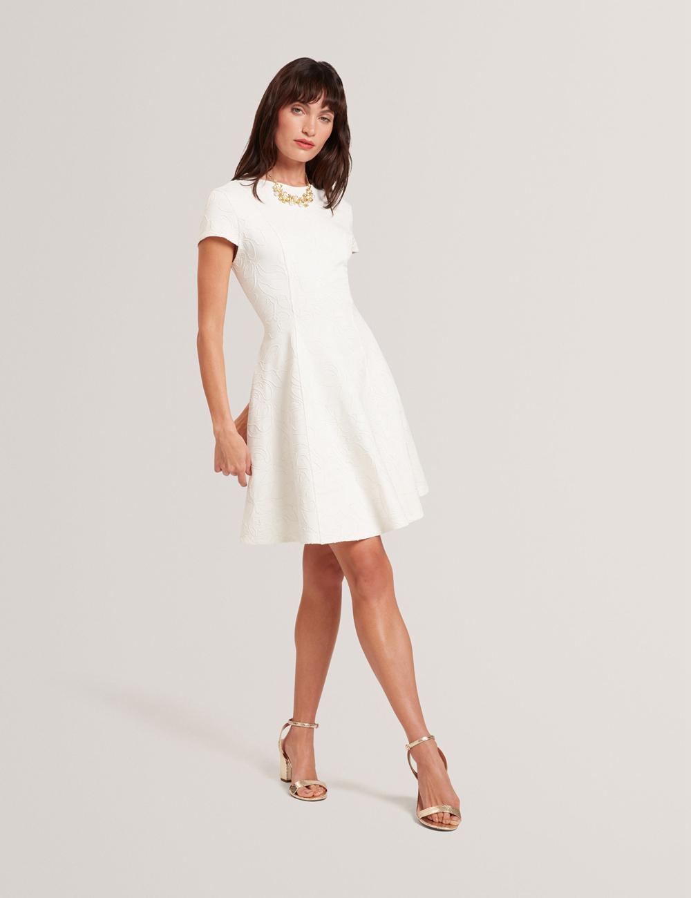 Ivory Ted Baker CLODAA - Embroidered Short Sleeve Skater Women Mini Dresses | SG  1046-EIMSR