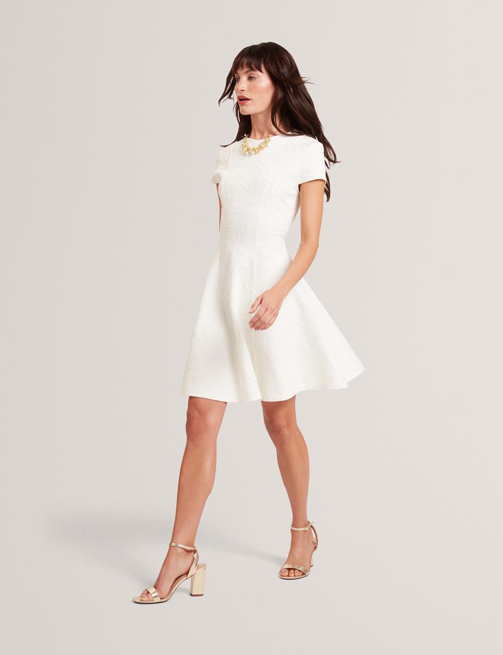 Ivory Ted Baker CLODAA - Embroidered Short Sleeve Skater Women Mini Dresses | SG  1046-EIMSR