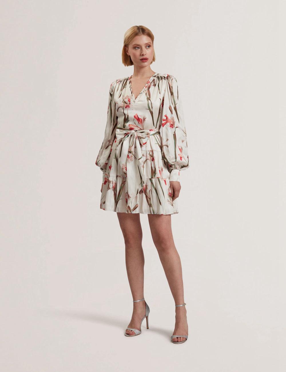 Ivory Ted Baker CUIABA - Floral V-Neck Waist Women Mini Dresses | SG  7480-PKNEW