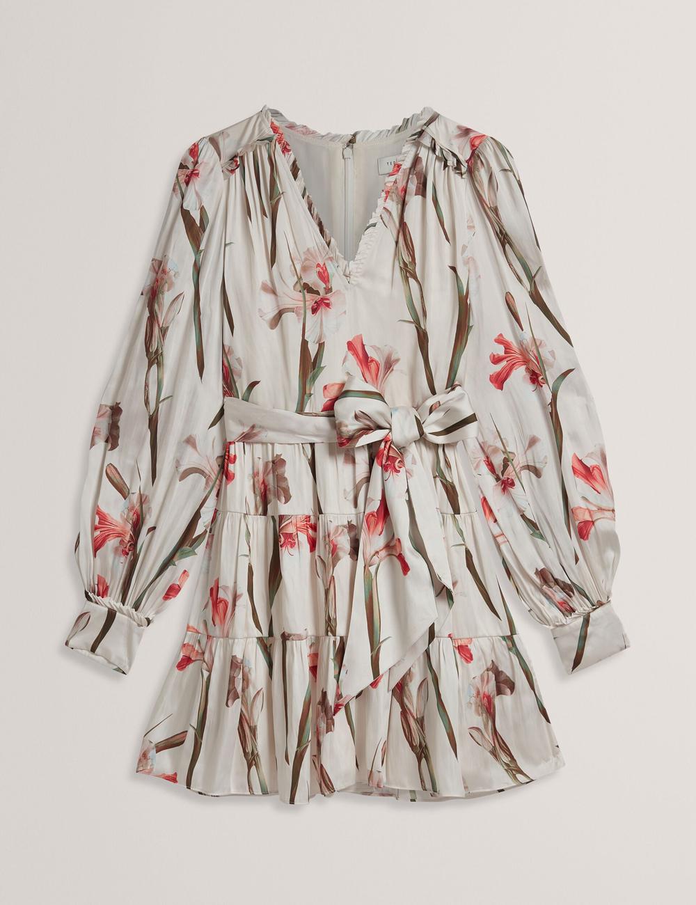 Ivory Ted Baker CUIABA - Floral V-Neck Waist Women Mini Dresses | SG  7480-PKNEW