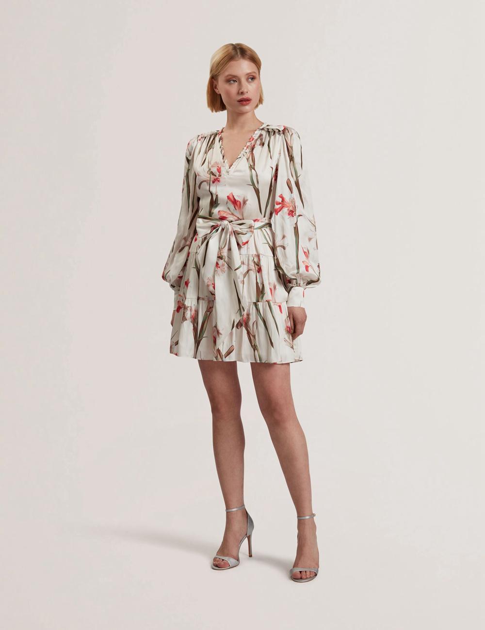 Ivory Ted Baker CUIABA - Floral V-Neck Waist Women Mini Dresses | SG  7480-PKNEW
