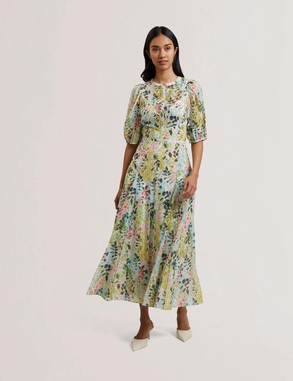 Ivory Ted Baker KANDEA - Floral Puff Sleeve A-Line Women Midi Dresses | SG  8903-TSOFQ