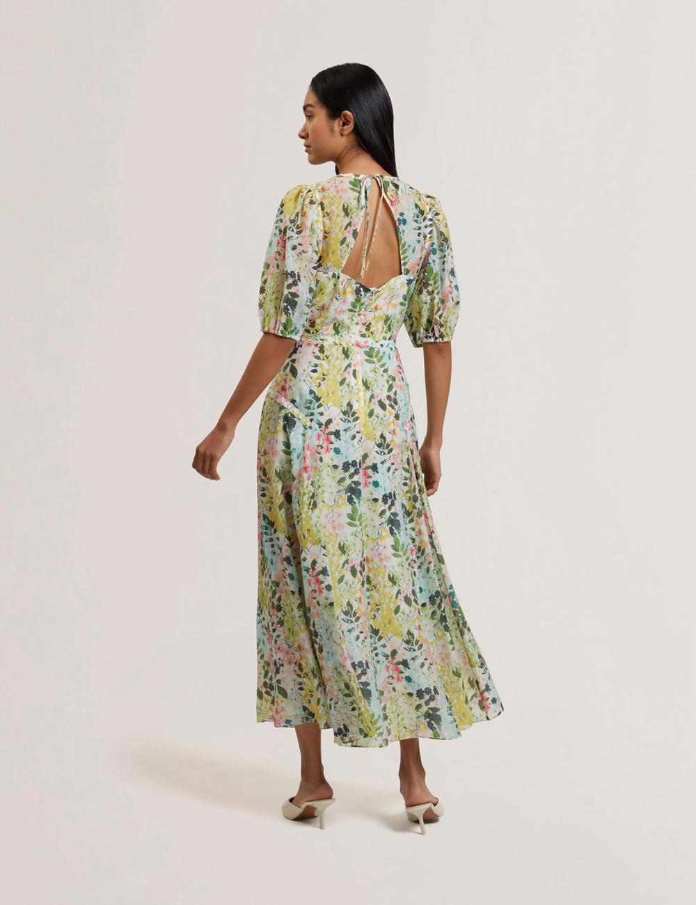 Ivory Ted Baker KANDEA - Floral Puff Sleeve A-Line Women Midi Dresses | SG  8903-TSOFQ