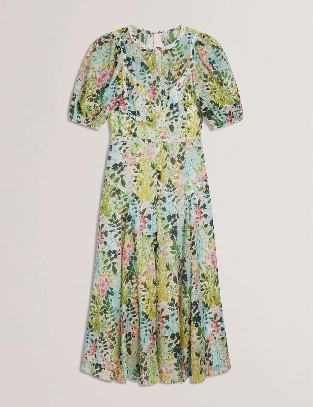 Ivory Ted Baker KANDEA - Floral Puff Sleeve A-Line Women Midi Dresses | SG  8903-TSOFQ