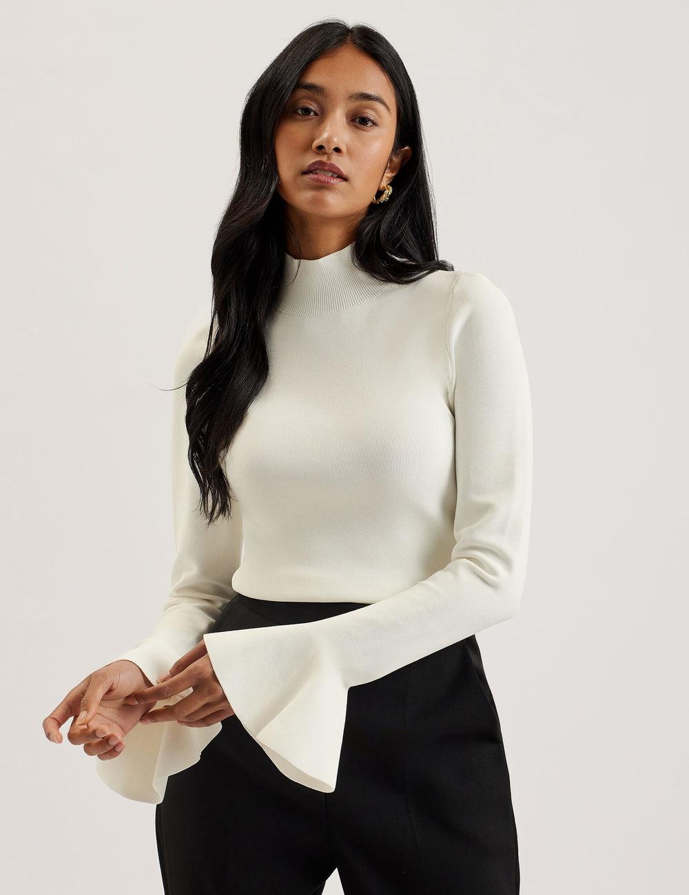 Ivory Ted Baker LAYNHA - Flared Sleeve High Neck Knitted Top Women Jumpers | SG  0921-WQBSZ