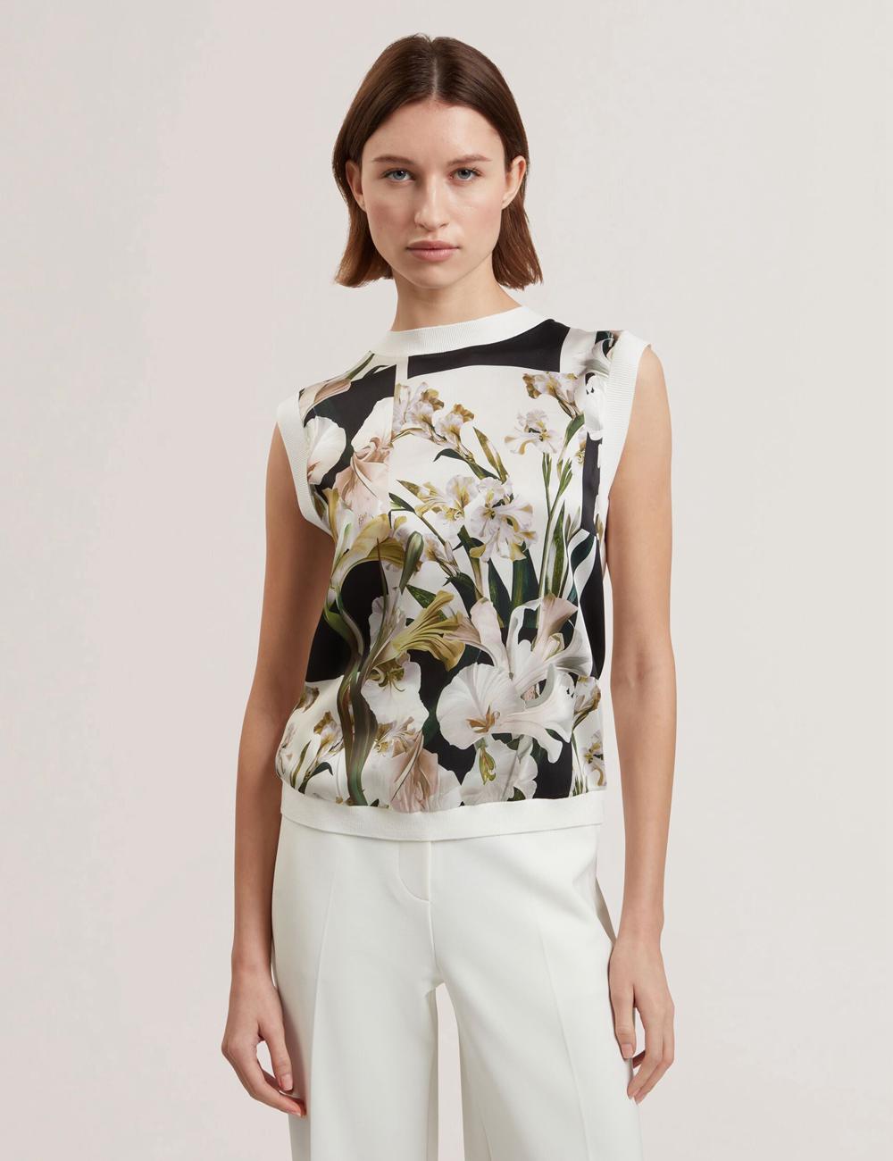 Ivory Ted Baker LIILEA - Floral Print Front Boxy Knitted Women Tops | SG  0426-ZAGEY