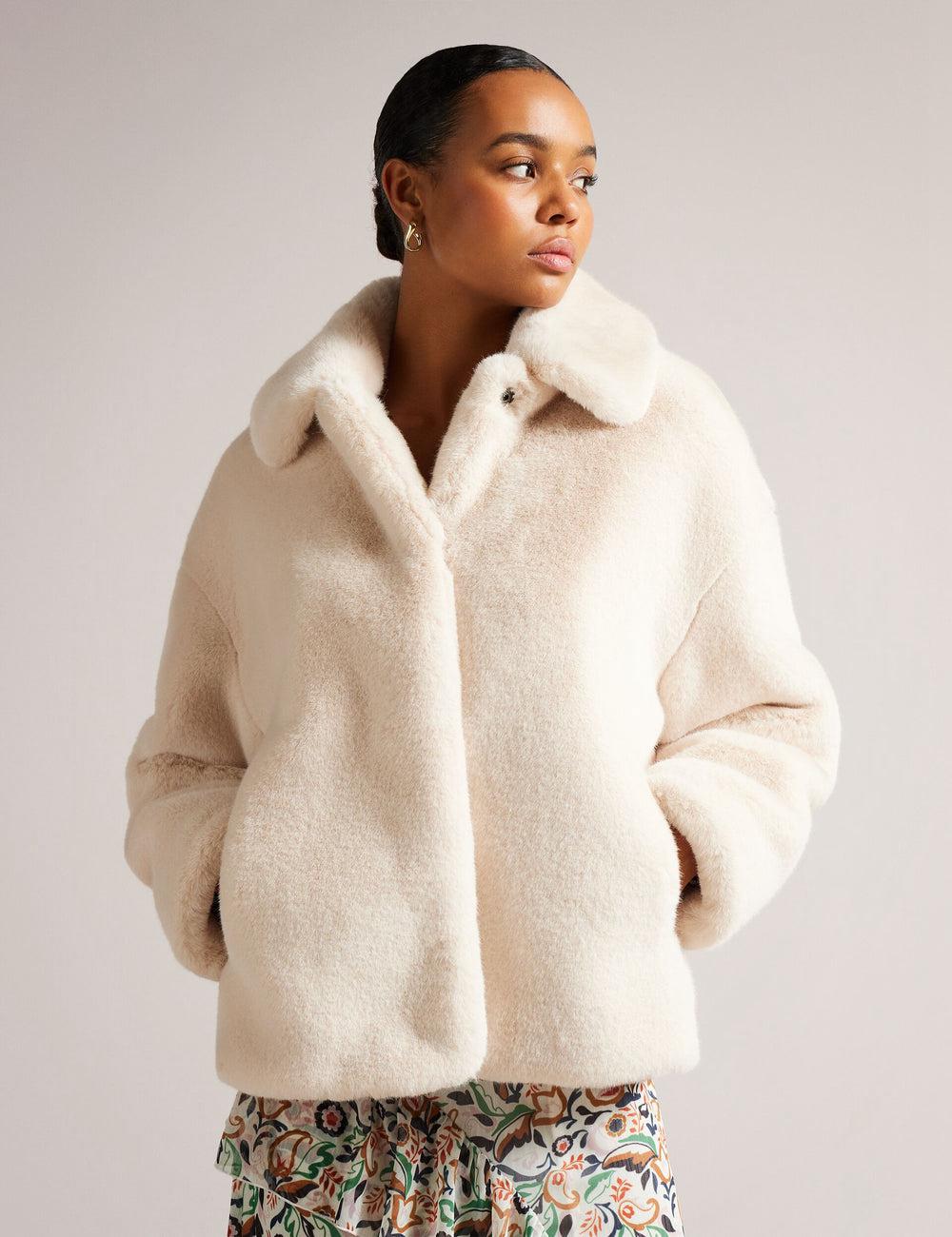 Ivory Ted Baker LILIAM - Faux Fur Collared Short Coat Women Jackets | SG  6297-DNSWH