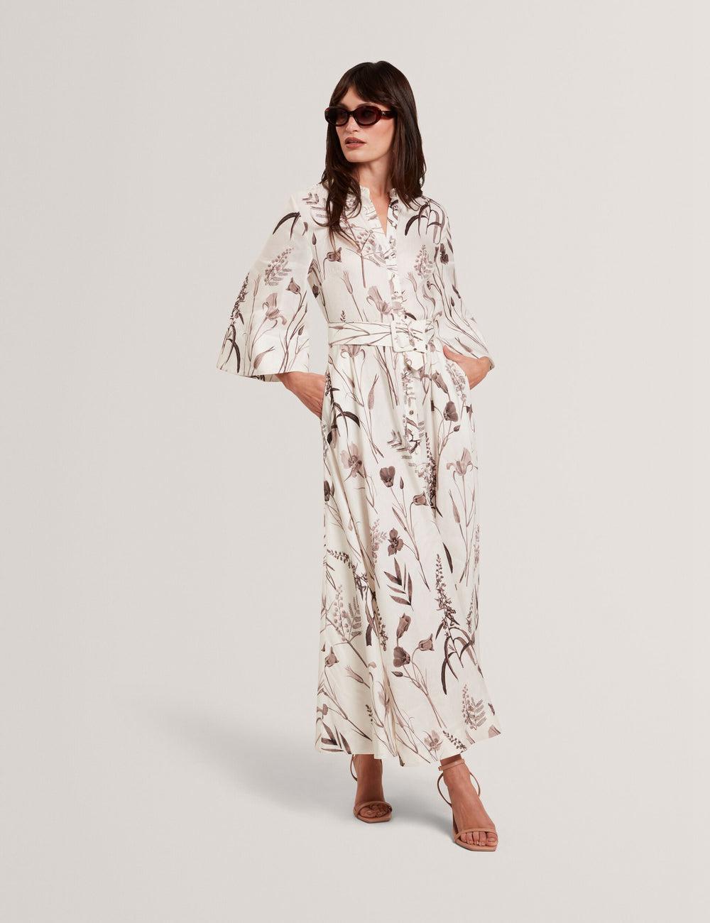 Ivory Ted Baker LUWISA - Floral Linen Silk Belted Midi Shirt Women Midi Dresses | SG  7061-GHJWO