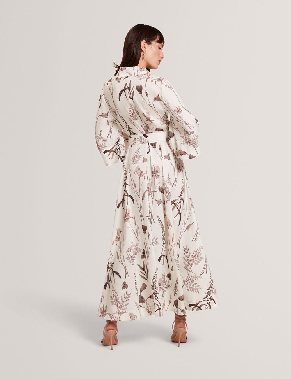 Ivory Ted Baker LUWISA - Floral Linen Silk Belted Midi Shirt Women Midi Dresses | SG  7061-GHJWO