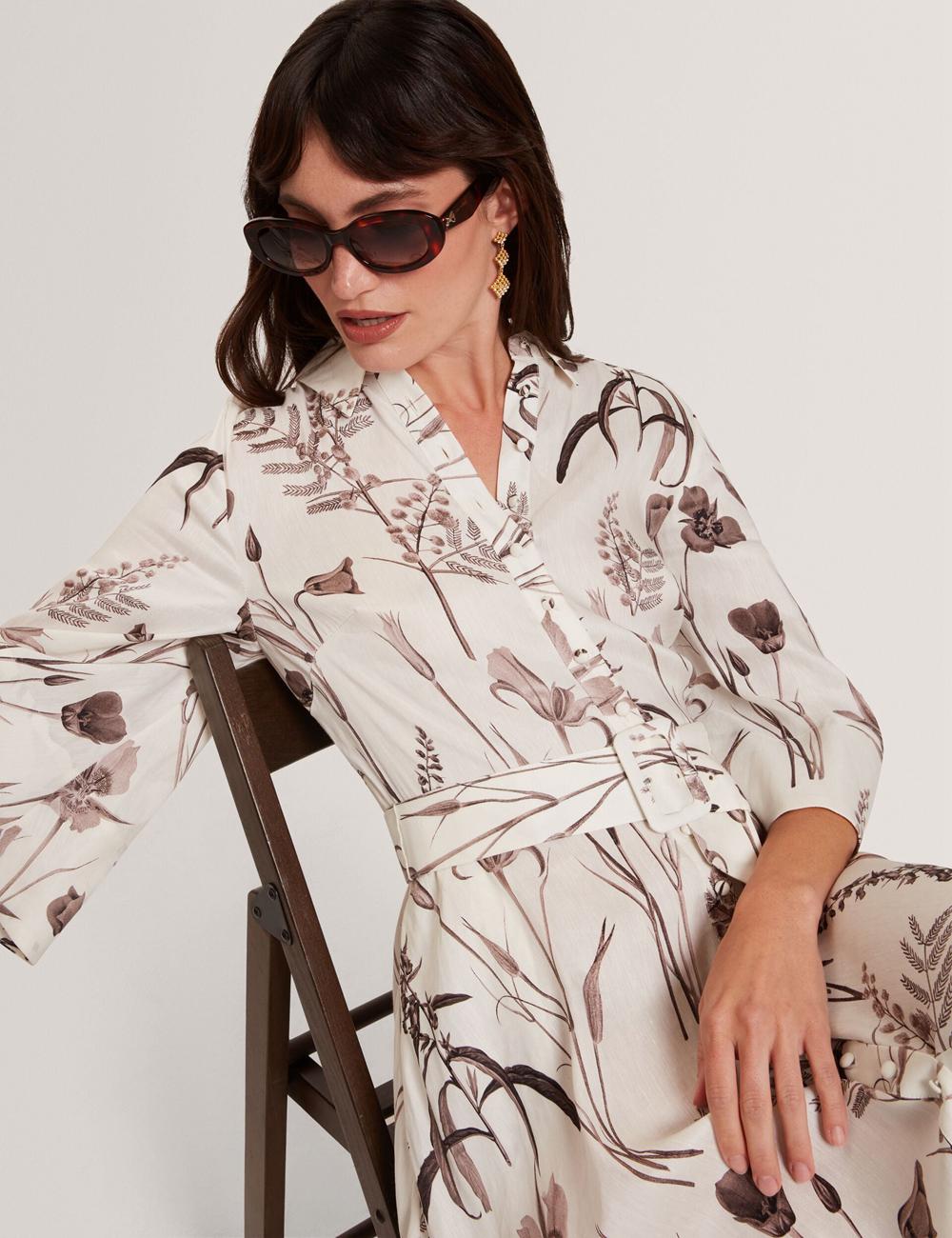 Ivory Ted Baker LUWISA - Floral Linen Silk Belted Midi Shirt Women Midi Dresses | SG  7061-GHJWO
