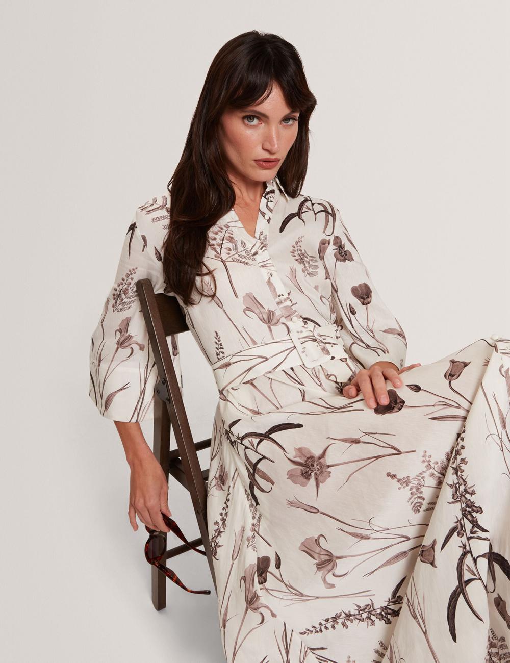 Ivory Ted Baker LUWISA - Floral Linen Silk Belted Midi Shirt Women Midi Dresses | SG  7061-GHJWO