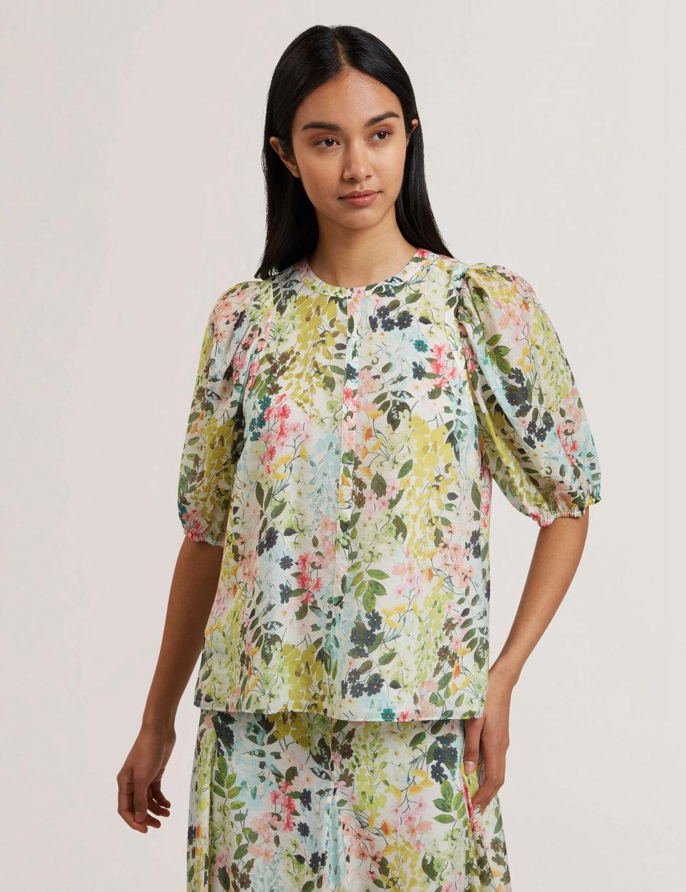 Ivory Ted Baker MICHA - Floral Binding Detail Puffed Sleeve Women Blouses | SG  1385-WGNPQ