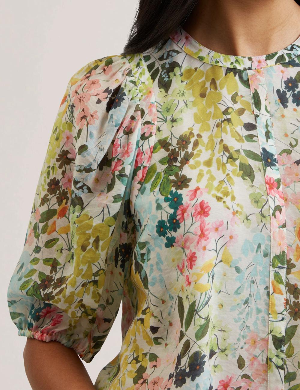 Ivory Ted Baker MICHA - Floral Binding Detail Puffed Sleeve Women Blouses | SG  1385-WGNPQ