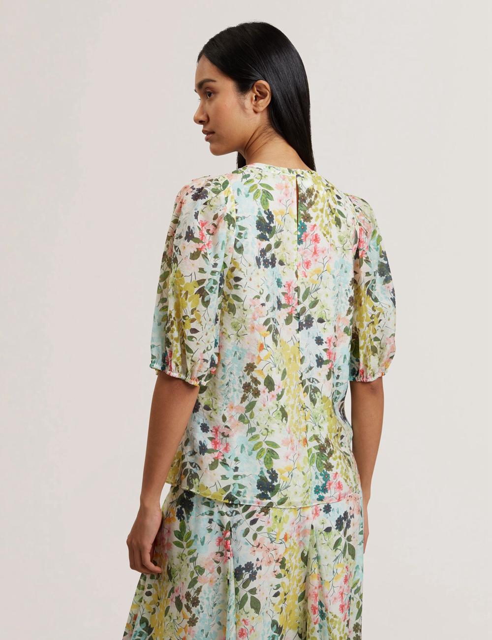 Ivory Ted Baker MICHA - Floral Binding Detail Puffed Sleeve Women Blouses | SG  1385-WGNPQ