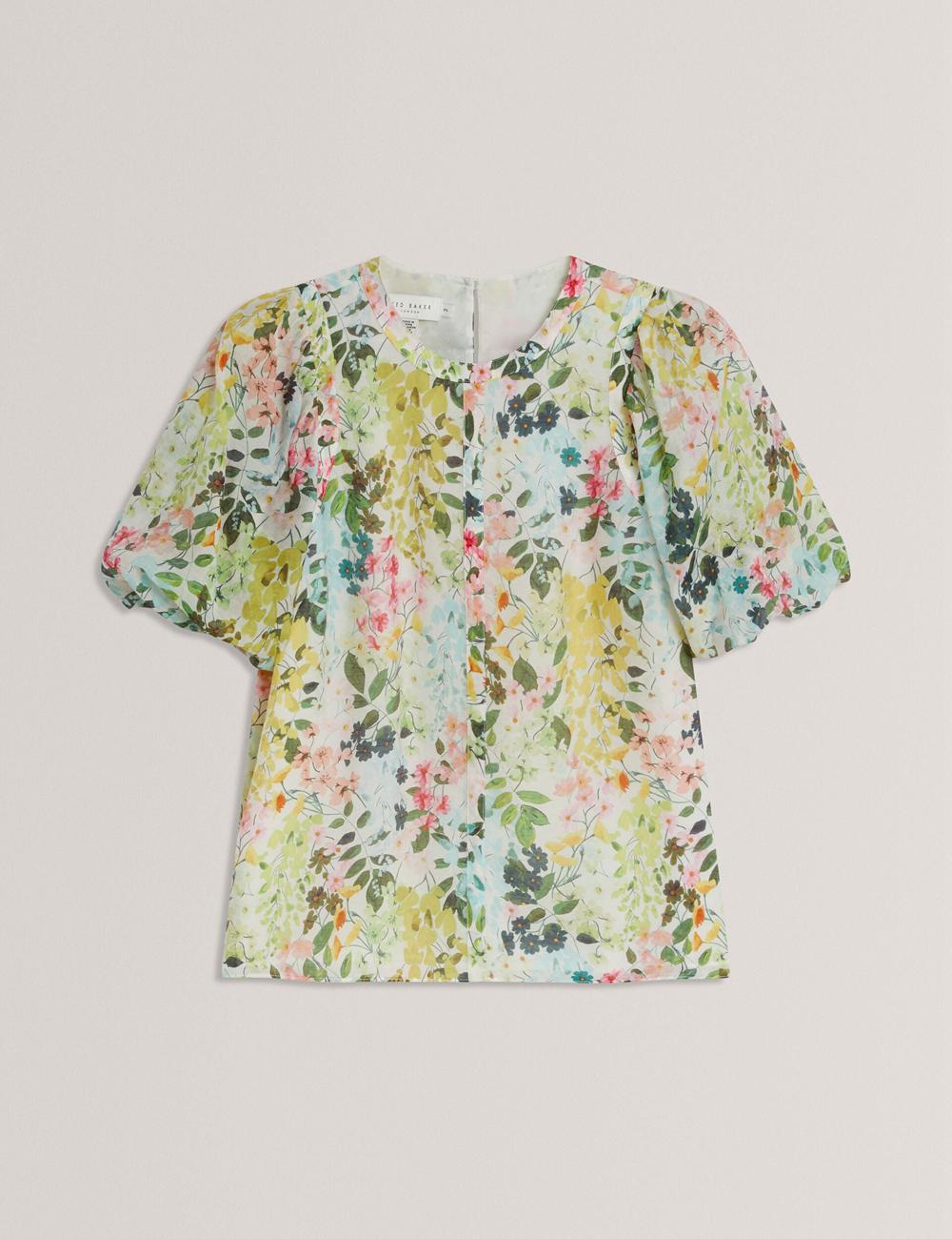 Ivory Ted Baker MICHA - Floral Binding Detail Puffed Sleeve Women Blouses | SG  1385-WGNPQ