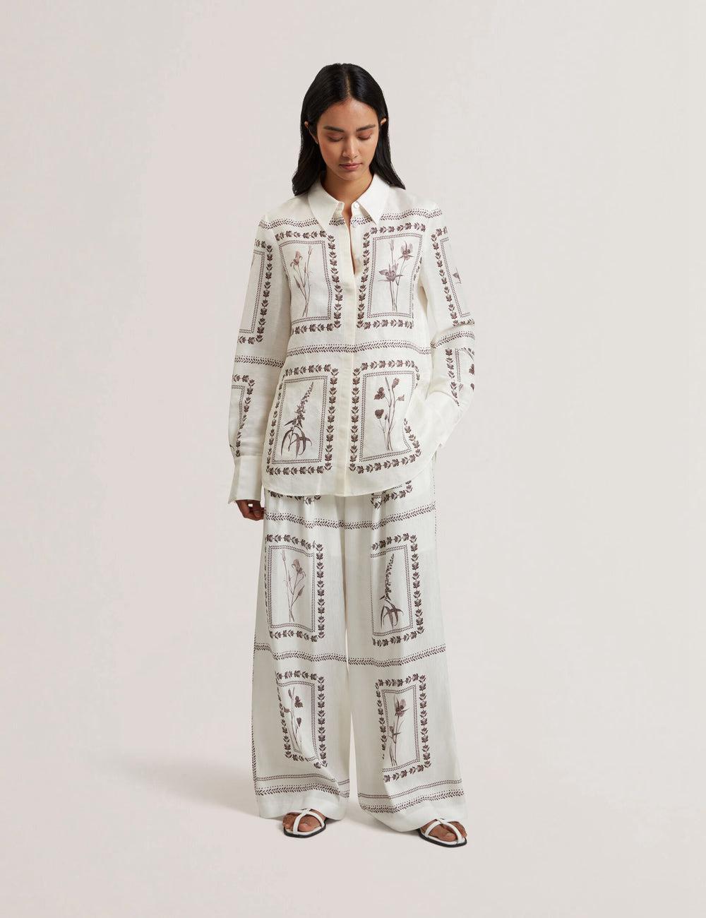 Ivory Ted Baker ORNITHA - Panel Print Silk Linen Wide Leg Women Trousers | SG  9304-YMOKA