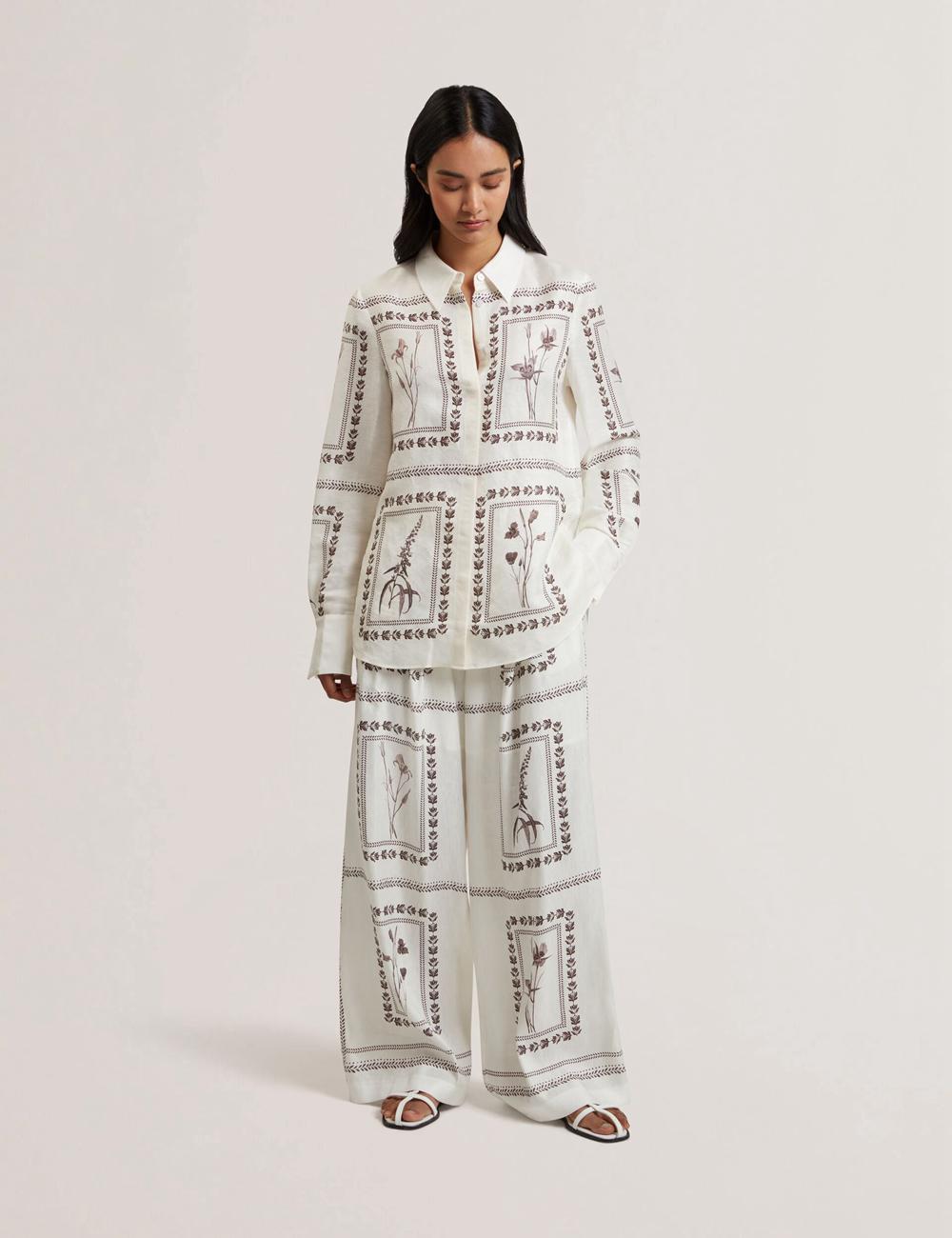 Ivory Ted Baker ORNITHA - Panel Print Silk Linen Wide Leg Women Trousers | SG  9304-YMOKA