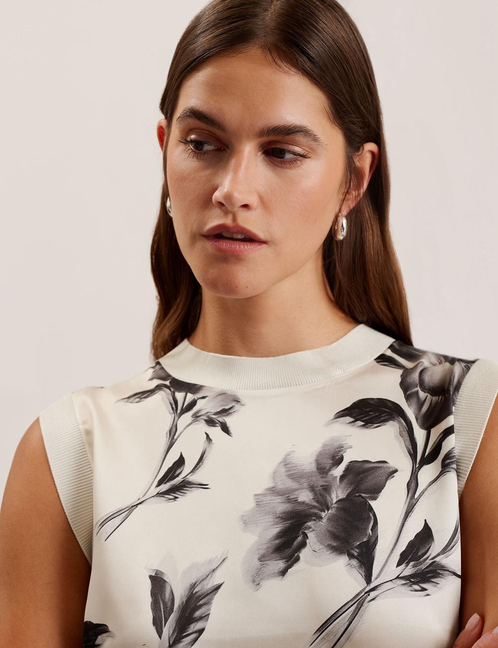 Ivory Ted Baker PERLOMA - Printed Woven Front Knitted Women Tank Tops | SG  2903-PHRJG