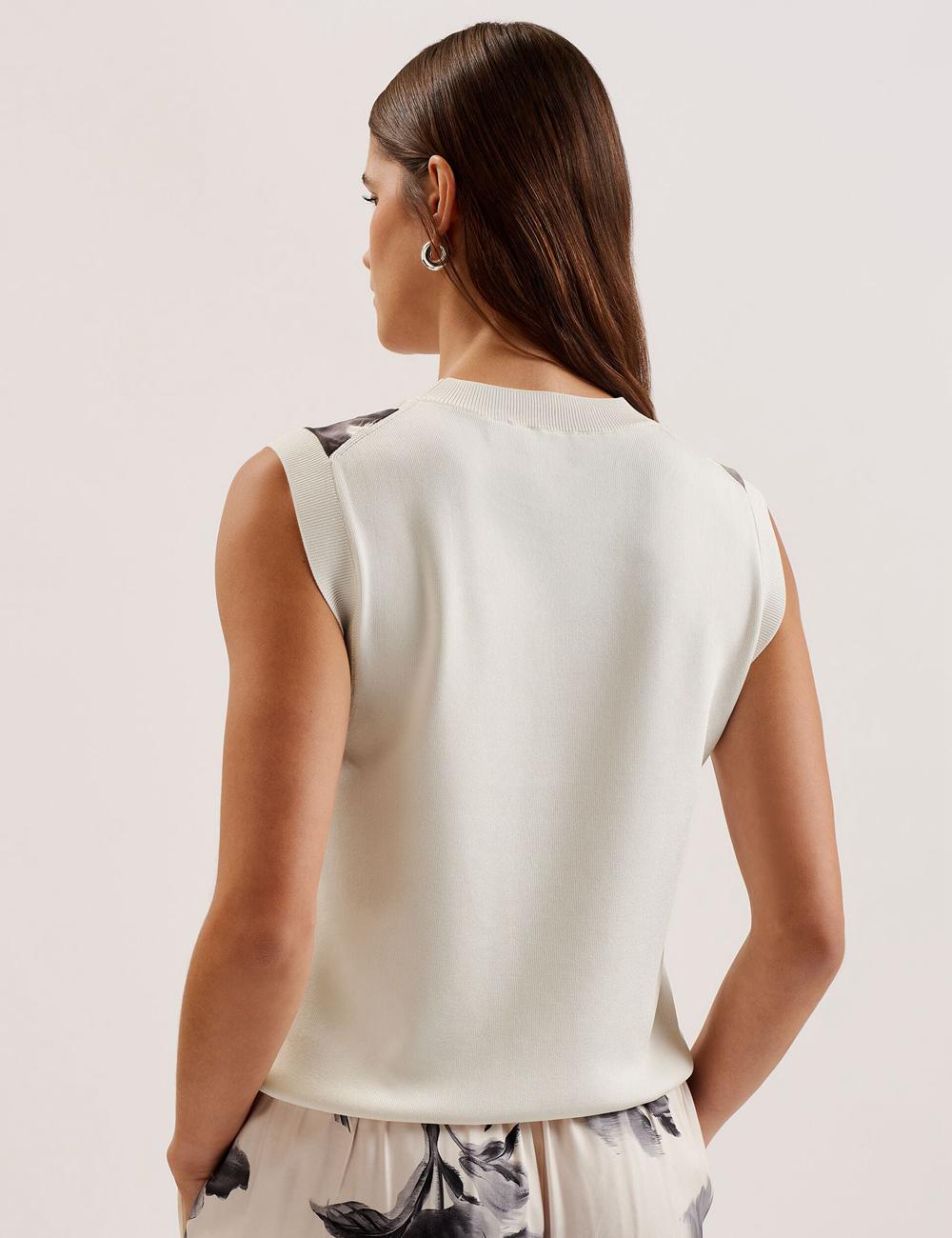 Ivory Ted Baker PERLOMA - Printed Woven Front Knitted Women Tank Tops | SG  2903-PHRJG