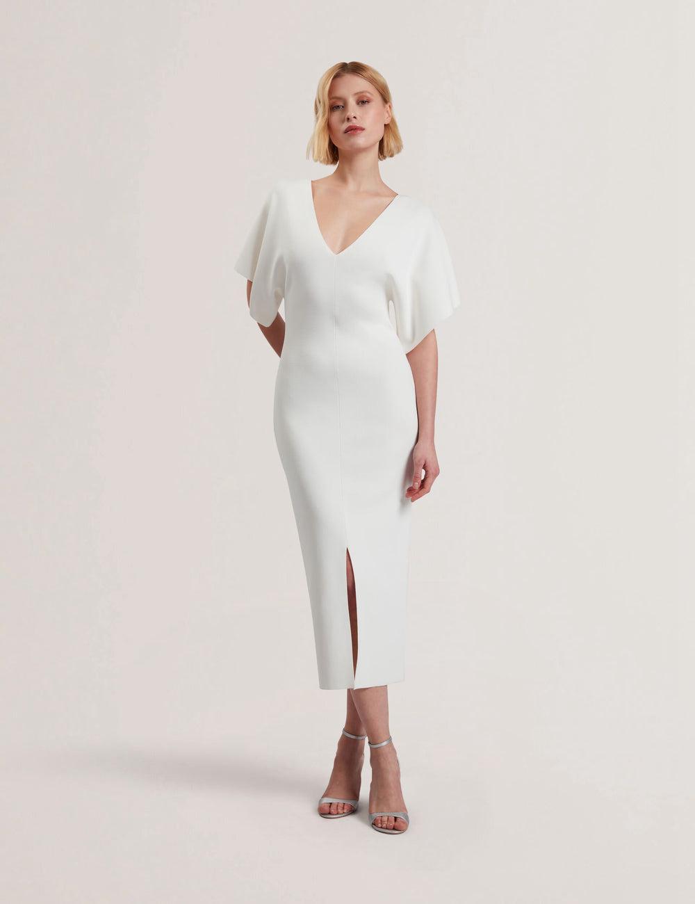 Ivory Ted Baker REBEXXA - Wide Sleeve Knitted Bodycon Women Midi Dresses | SG  4932-SZFYI
