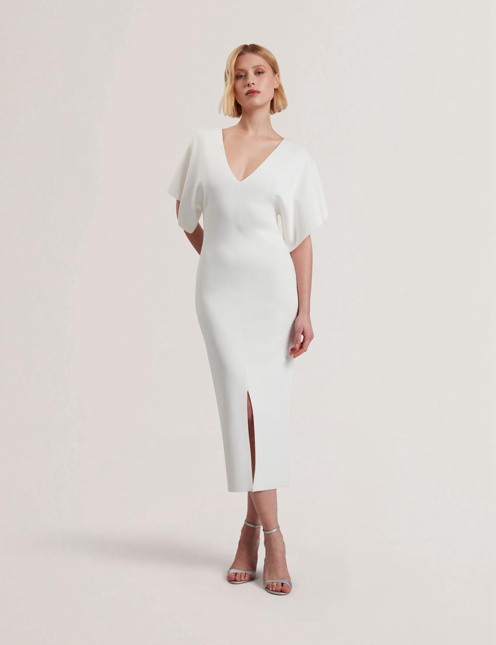 Ivory Ted Baker REBEXXA - Wide Sleeve Knitted Bodycon Women Midi Dresses | SG  4932-SZFYI