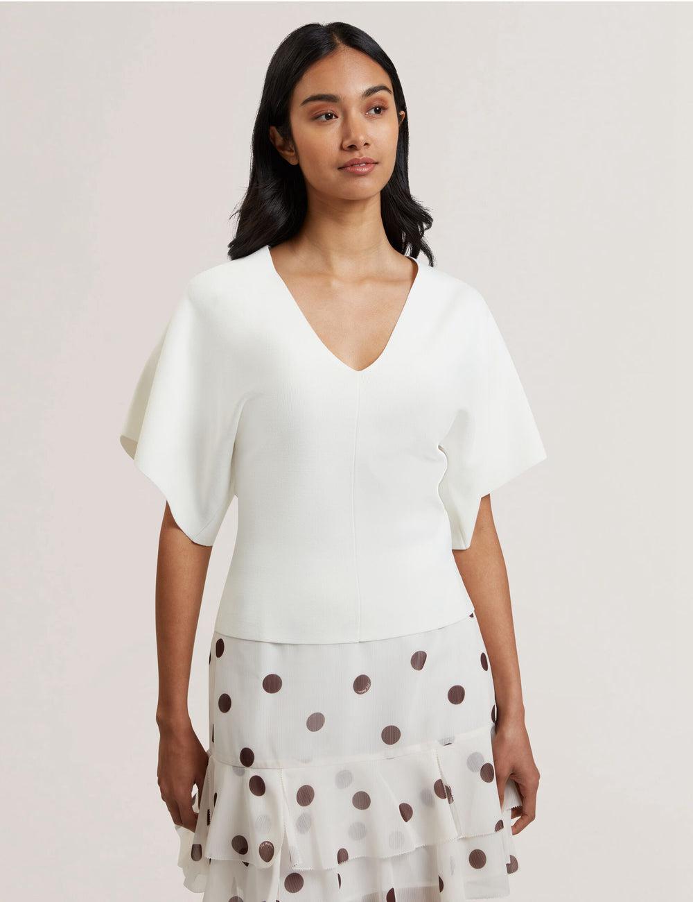 Ivory Ted Baker REGINAH - Wide Short Sleeve V-Neck Knitted Women Tops | SG  2358-JDSFO