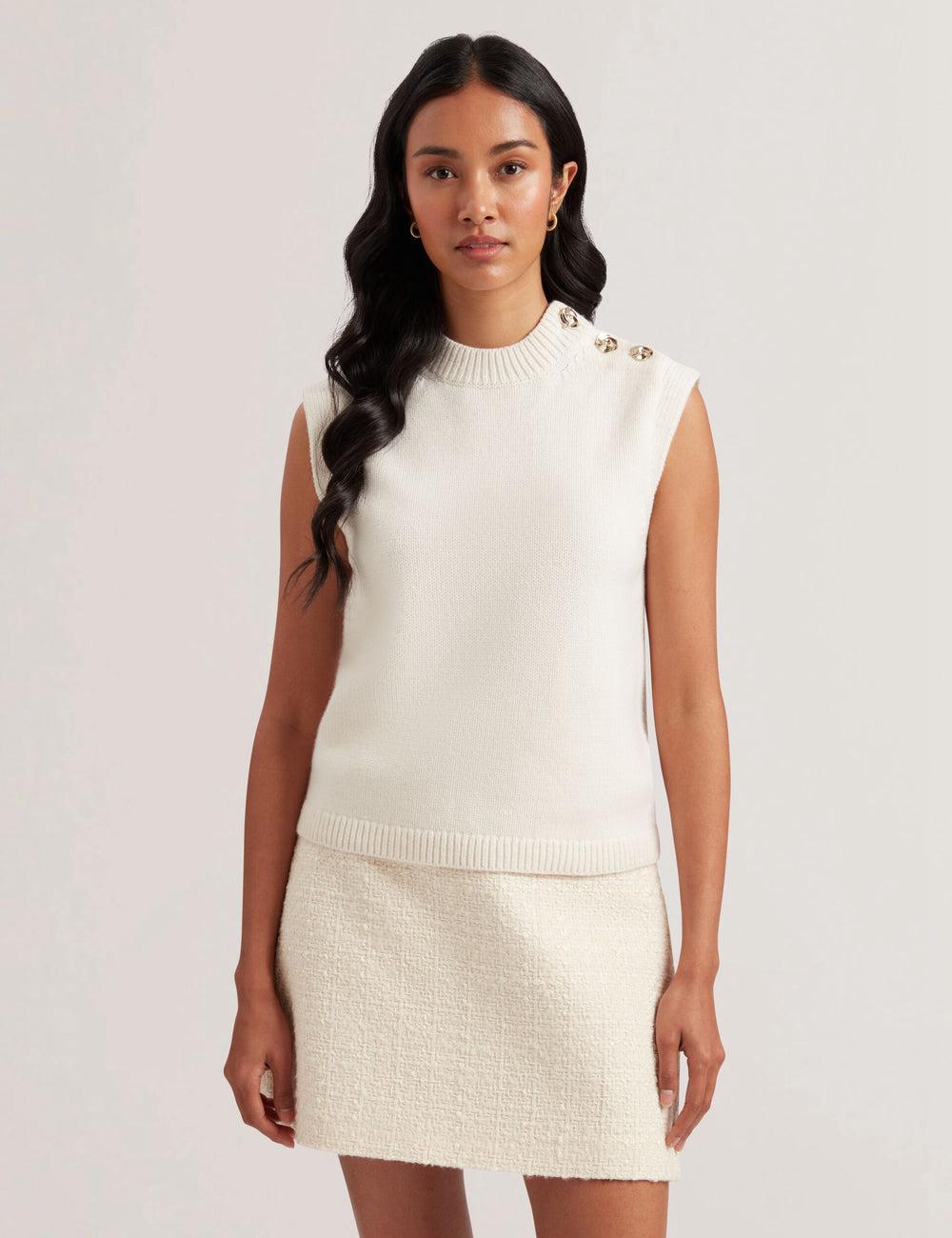 Ivory Ted Baker RONDHER - Rose Button Wool Knit Women Tank Tops | SG  8247-TYFQK