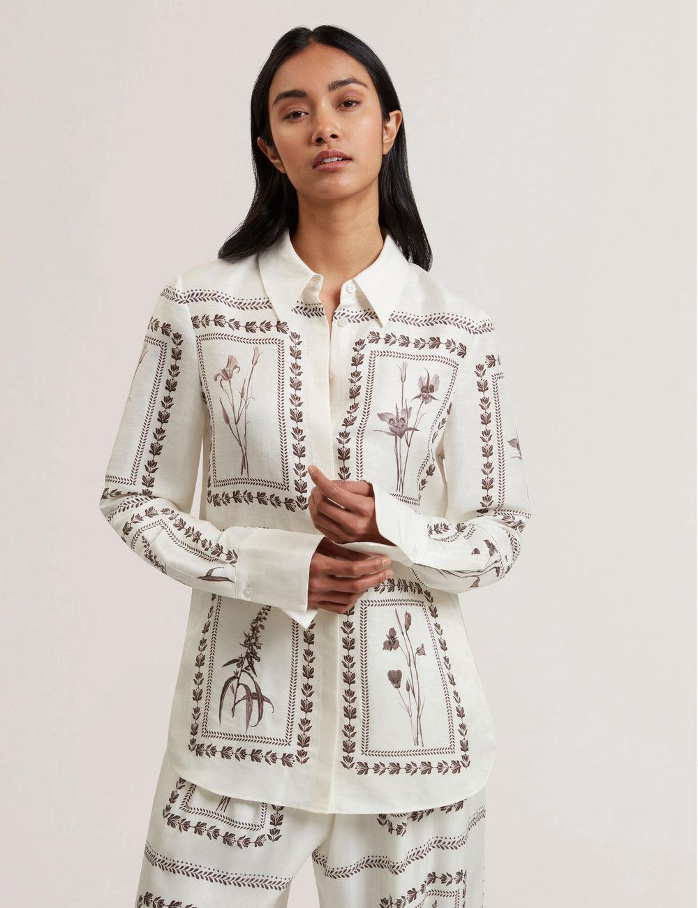 Ivory Ted Baker SIMCOA - Panel Print Silk Linen Longline Women Casual Shirts | SG  6145-PCHKV