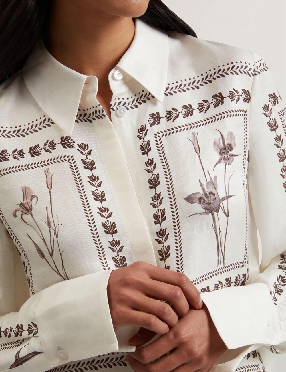 Ivory Ted Baker SIMCOA - Panel Print Silk Linen Longline Women Casual Shirts | SG  6145-PCHKV