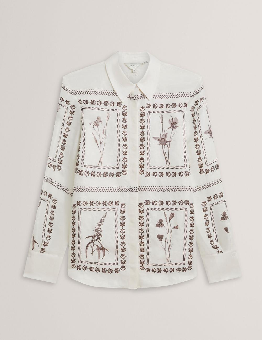 Ivory Ted Baker SIMCOA - Panel Print Silk Linen Longline Women Casual Shirts | SG  6145-PCHKV
