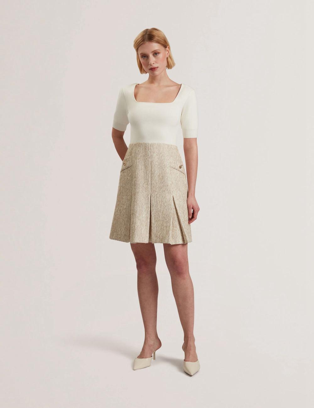 Ivory Ted Baker VULPAD - Pleated Boucle With Knit Bodice Women Mini Dresses | SG  7981-CMZVI