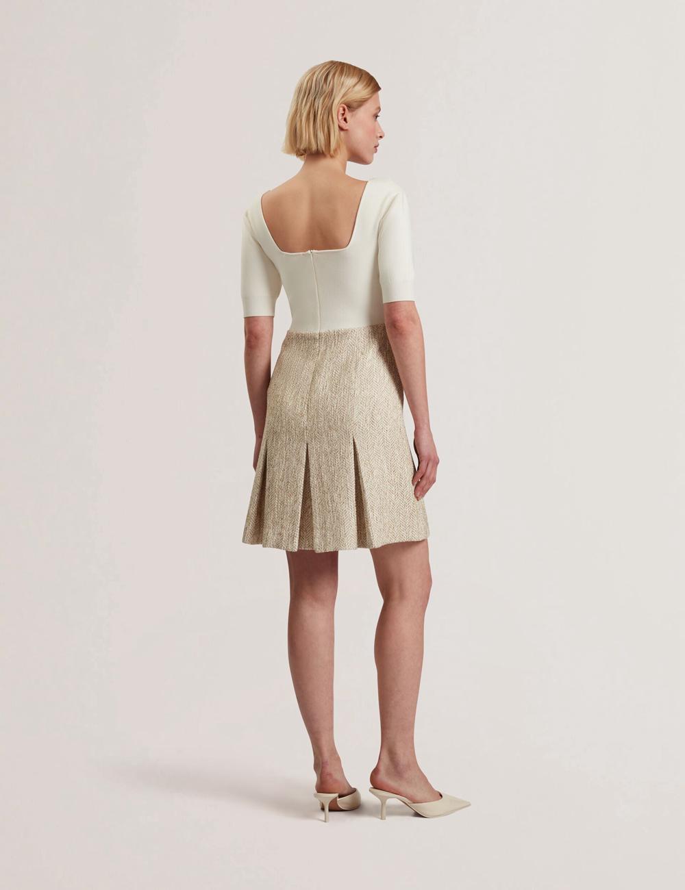 Ivory Ted Baker VULPAD - Pleated Boucle With Knit Bodice Women Mini Dresses | SG  7981-CMZVI