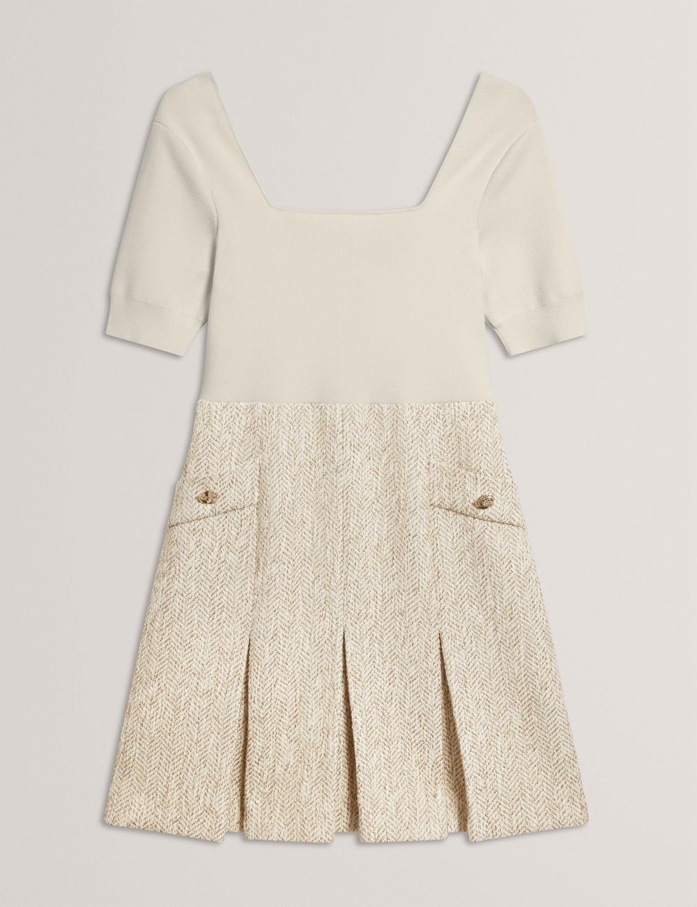 Ivory Ted Baker VULPAD - Pleated Boucle With Knit Bodice Women Mini Dresses | SG  7981-CMZVI