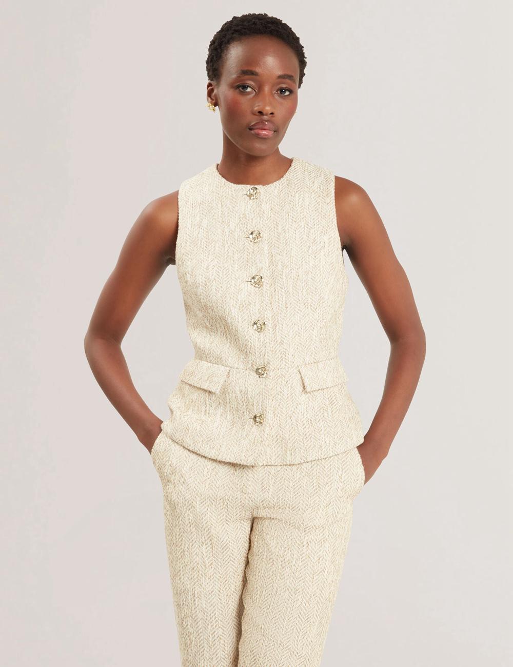 Ivory Ted Baker VULPAT - Boucle Herringbone Wide Leg Tailored Women Trousers | SG  3758-SEPTD