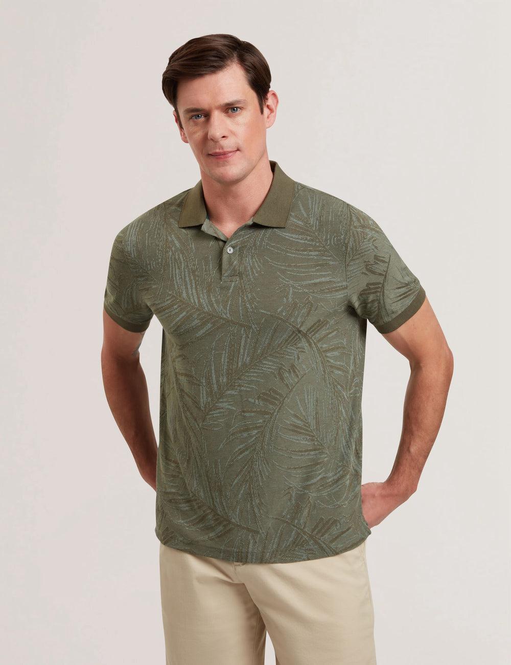 Khaki Ted Baker EDWINE - Leaf Print Short Sleeve Men Polos Shirts | SG  7352-GMEWF