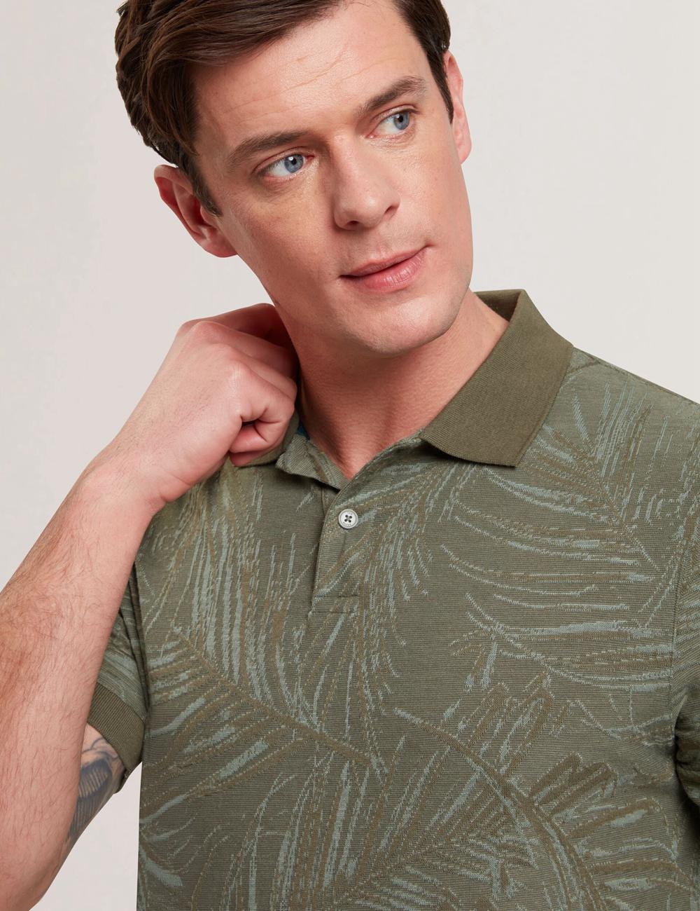 Khaki Ted Baker EDWINE - Leaf Print Short Sleeve Men Polos Shirts | SG  7352-GMEWF