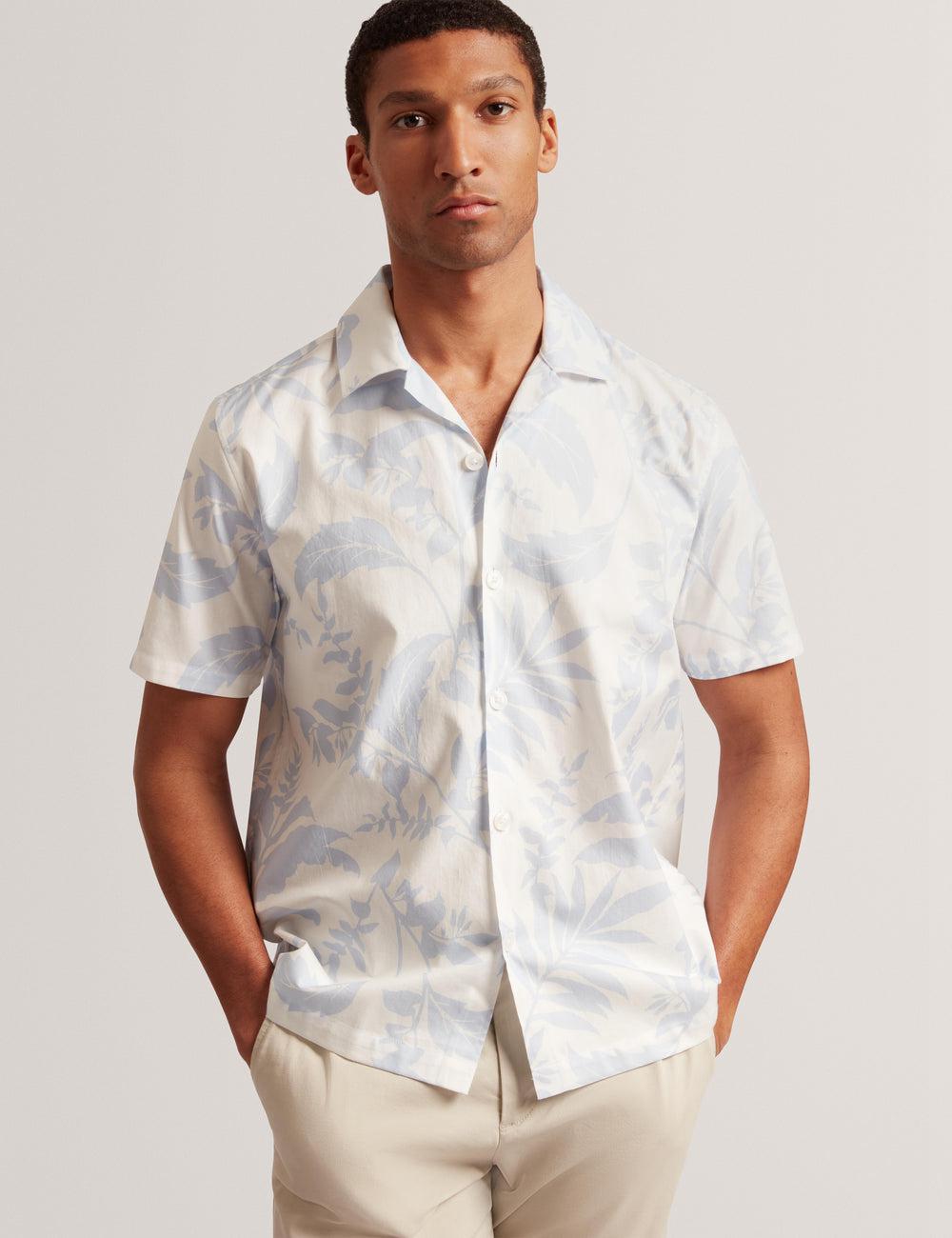 Lt-Blue Ted Baker KITS - Short Sleeve Relaxed Floral Print Men Casual Shirts | SG  0138-GWPBT