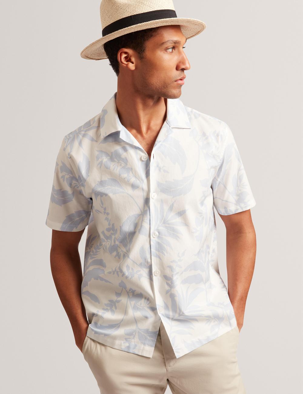 Lt-Blue Ted Baker KITS - Short Sleeve Relaxed Floral Print Men Casual Shirts | SG  0138-GWPBT