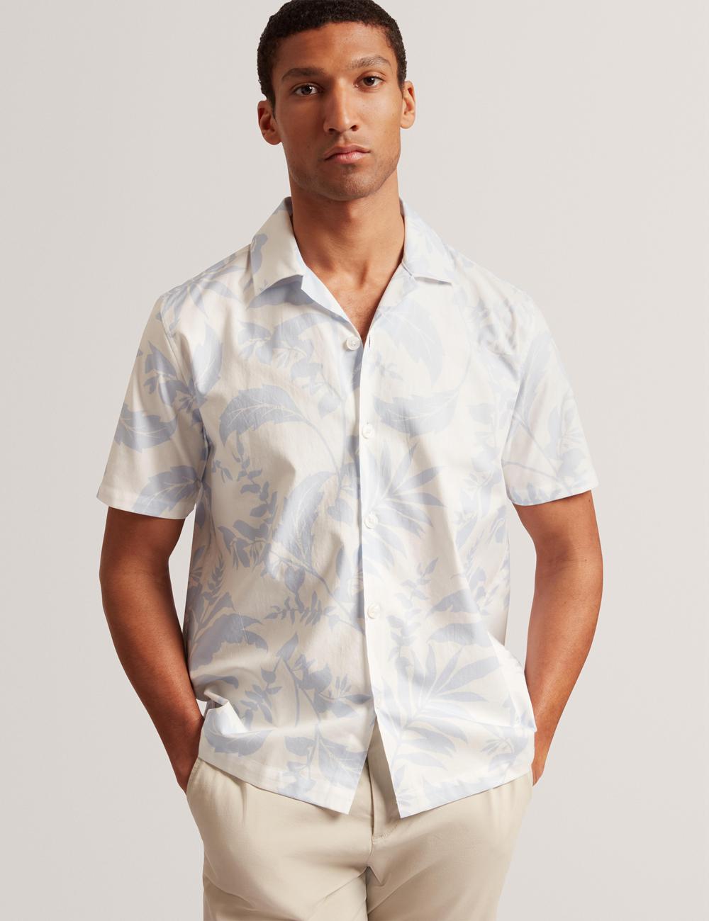 Lt-Blue Ted Baker KITS - Short Sleeve Relaxed Floral Print Men Casual Shirts | SG  0138-GWPBT