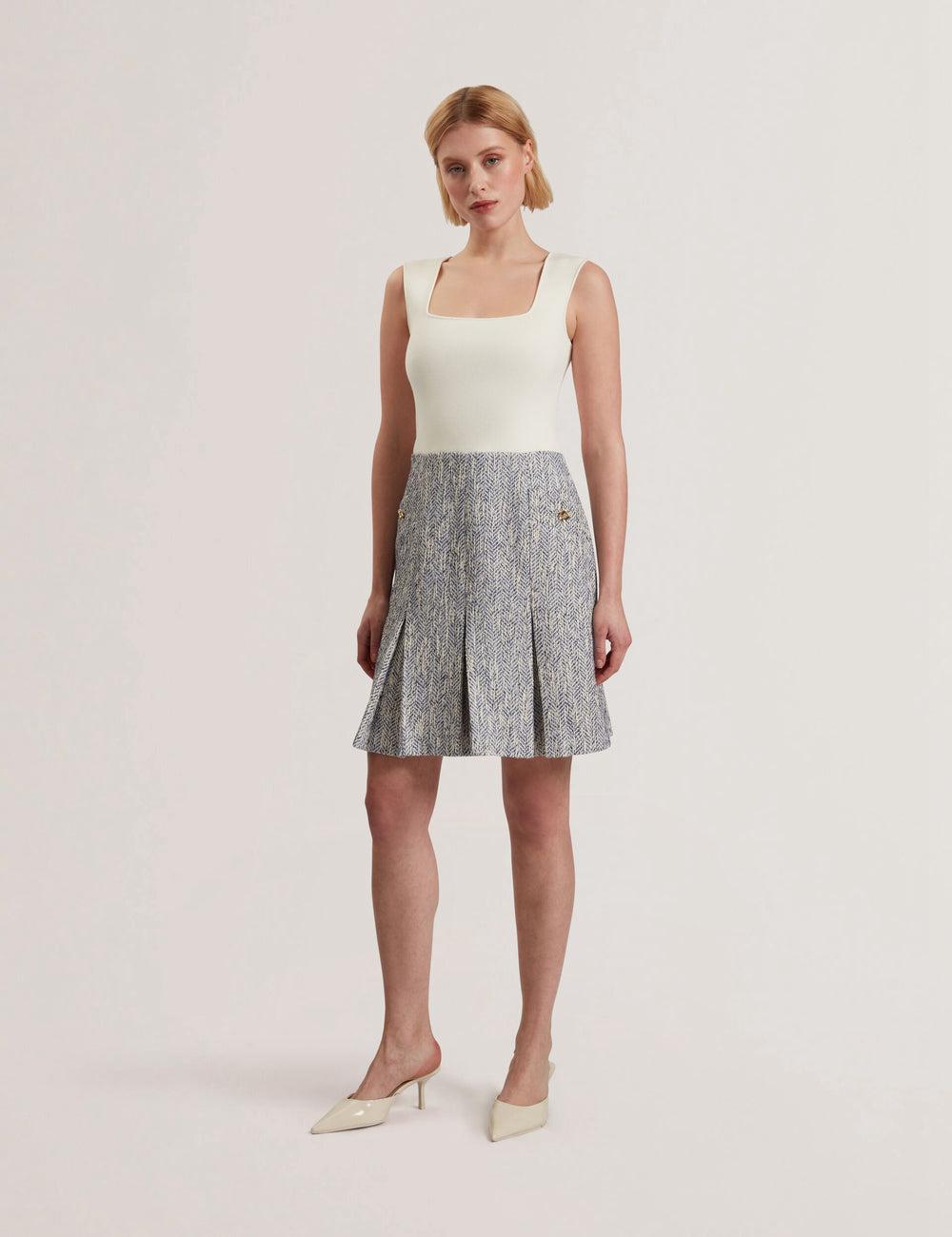 Lt-Blue Ted Baker VULPAM - Sleeveless Knit Bodice Boucle Women Mini Dresses | SG  8453-EDBJQ