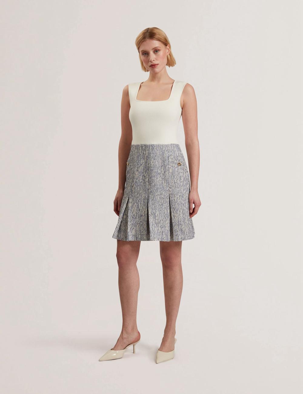 Lt-Blue Ted Baker VULPAM - Sleeveless Knit Bodice Boucle Women Mini Dresses | SG  8453-EDBJQ