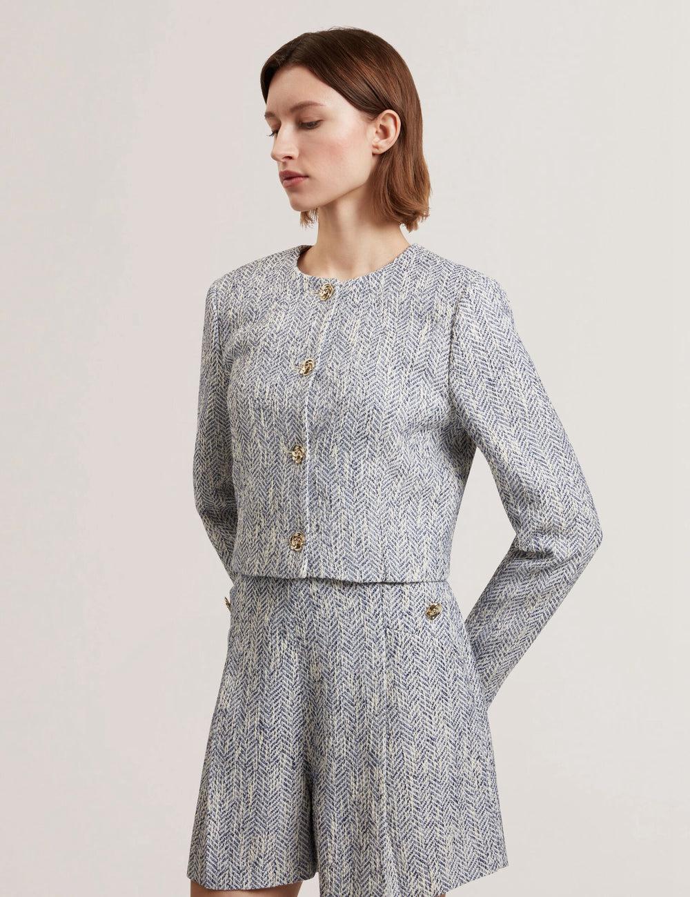 Lt-Blue Ted Baker VULPA - Boucle Button-Up Cropped Tailored Women Jackets | SG  2938-SPIFW