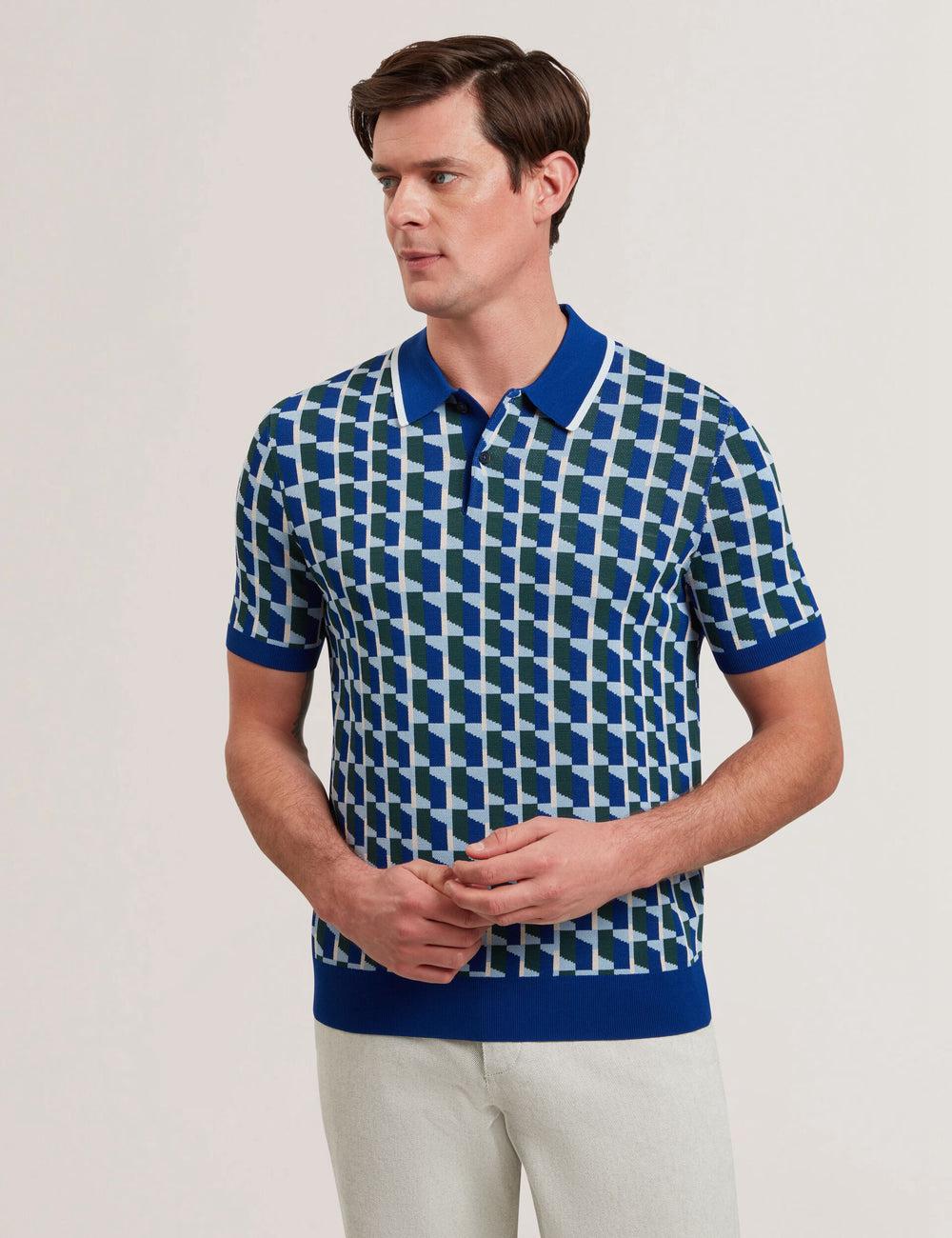 Lt-Navy Ted Baker ROSSIO - Geometric Knitted Short Sleeve Men Polos Shirts | SG  5076-FWCZO