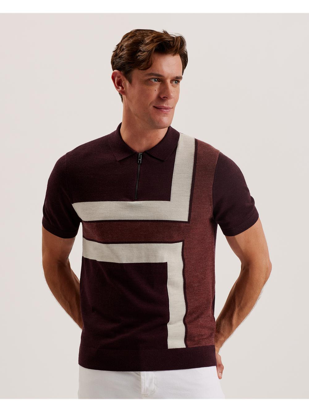 Maroon Ted Baker AMBLER - Colour Block Zip Neck Wool Men Polos Shirts | SG  5976-IJQPN