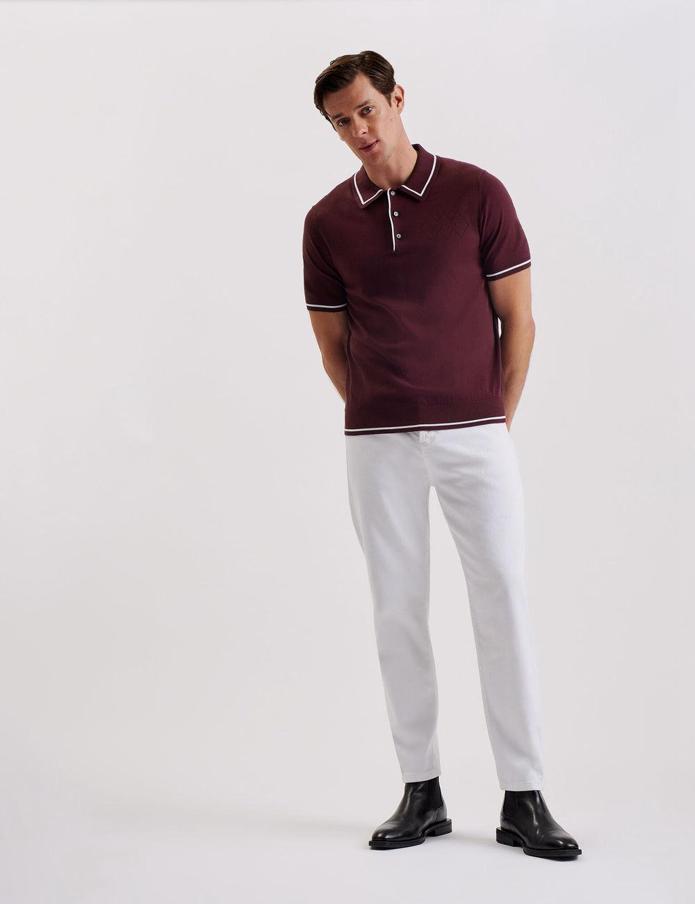Maroon Ted Baker DUNOW - Pointelle Detail Striped Trim Men Polos Shirts | SG  1649-HEOAW
