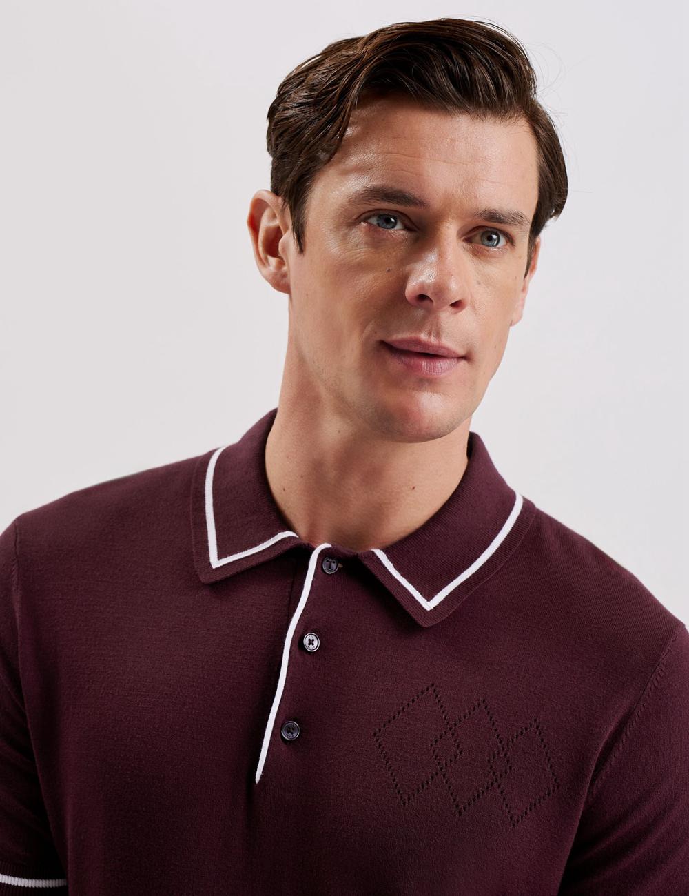 Maroon Ted Baker DUNOW - Pointelle Detail Striped Trim Men Polos Shirts | SG  1649-HEOAW