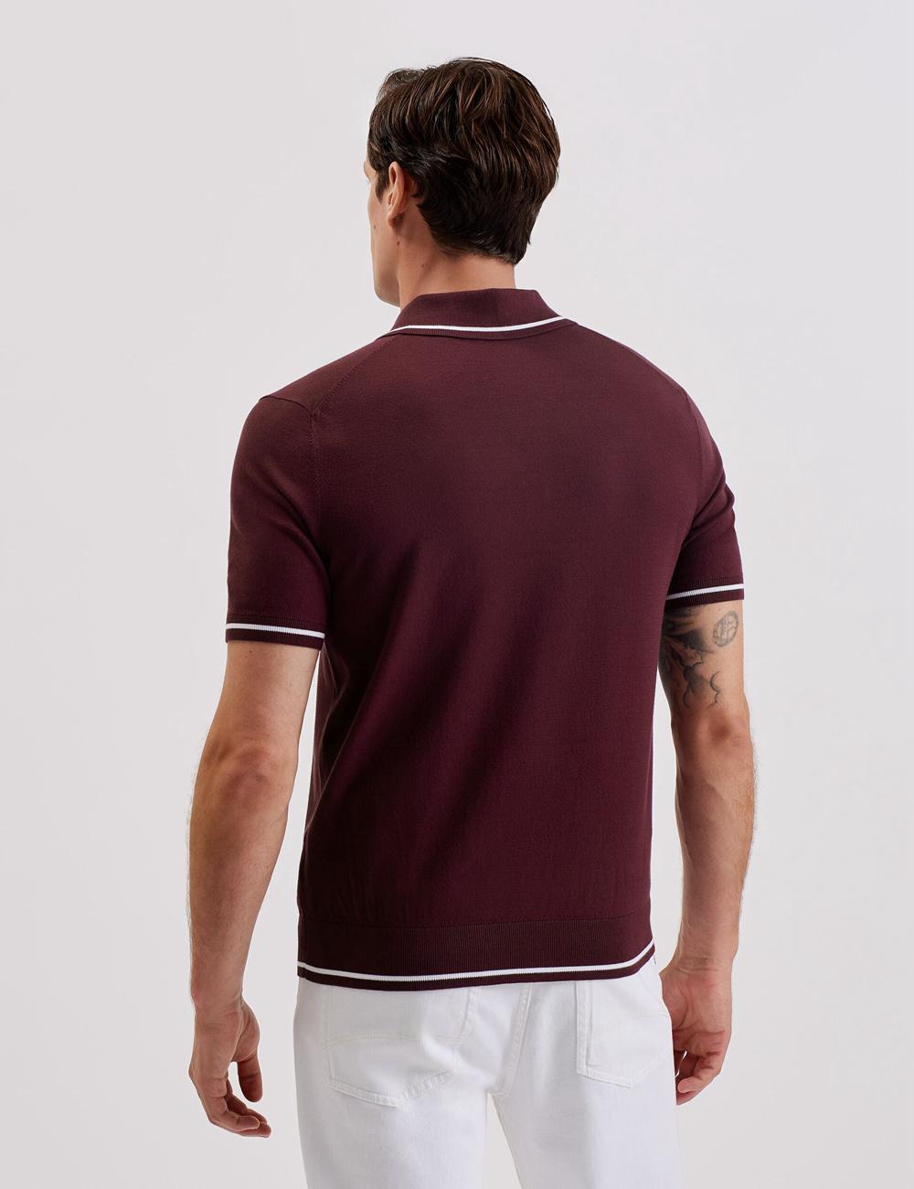 Maroon Ted Baker DUNOW - Pointelle Detail Striped Trim Men Polos Shirts | SG  1649-HEOAW