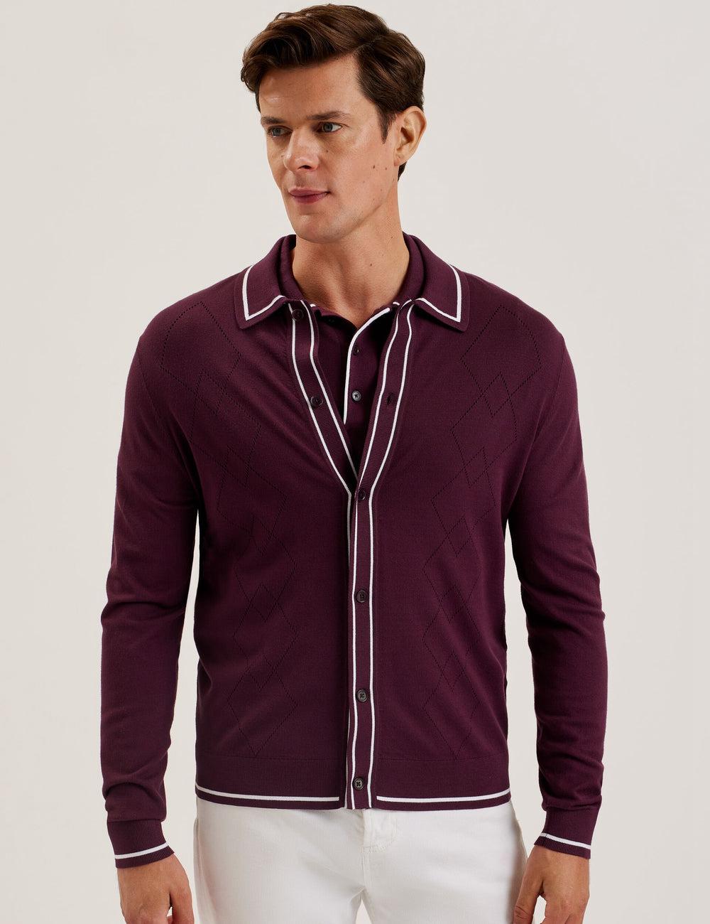 Maroon Ted Baker ELMDON - Pointelle Diamond Knitted Long Sleeve Men Casual Shirts | SG  9268-AIZPX