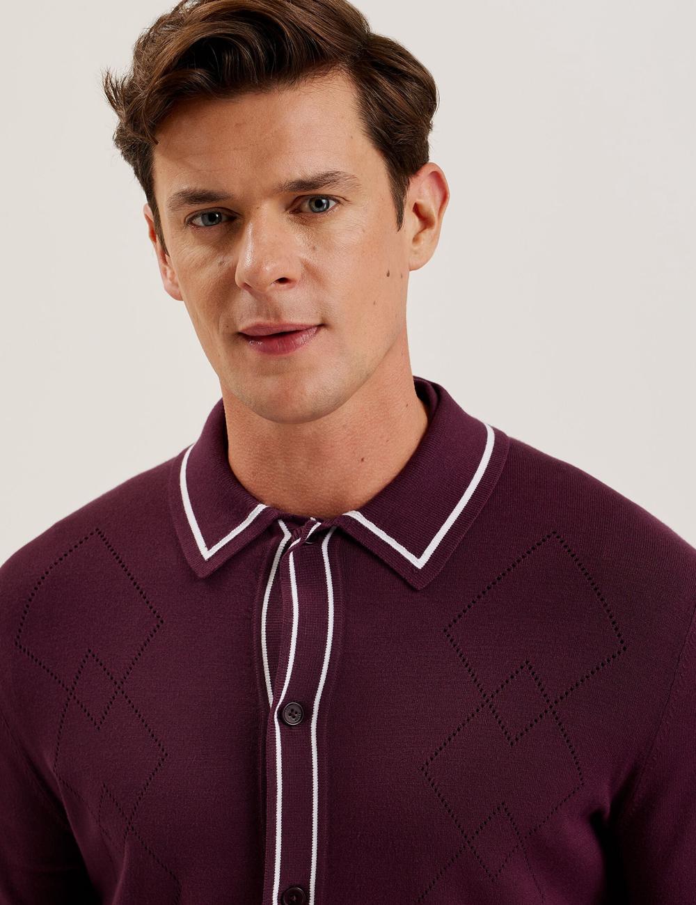 Maroon Ted Baker ELMDON - Pointelle Diamond Knitted Long Sleeve Men Casual Shirts | SG  9268-AIZPX
